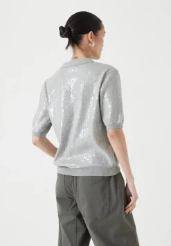 hush Tops & T-Shirts|Jumpers & Cardigans|Clear Sequin Knitted Polo Top Grey Marl