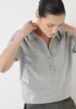 hush Tops & T-Shirts|Jumpers & Cardigans|Clear Sequin Knitted Polo Top Grey Marl