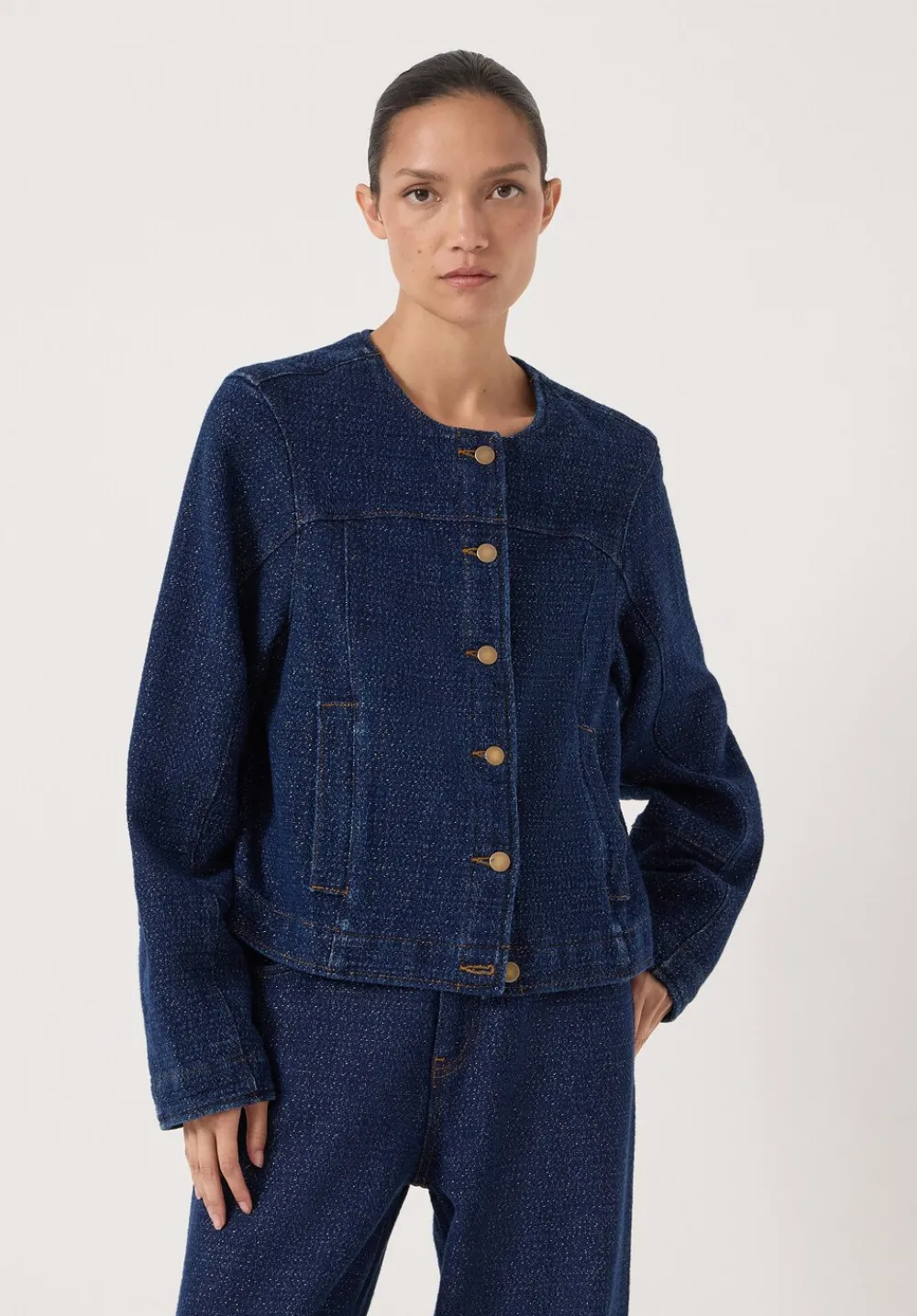 hush Jackets & Coats|Collarless Lurex Denim Jacket Indigo Gold
