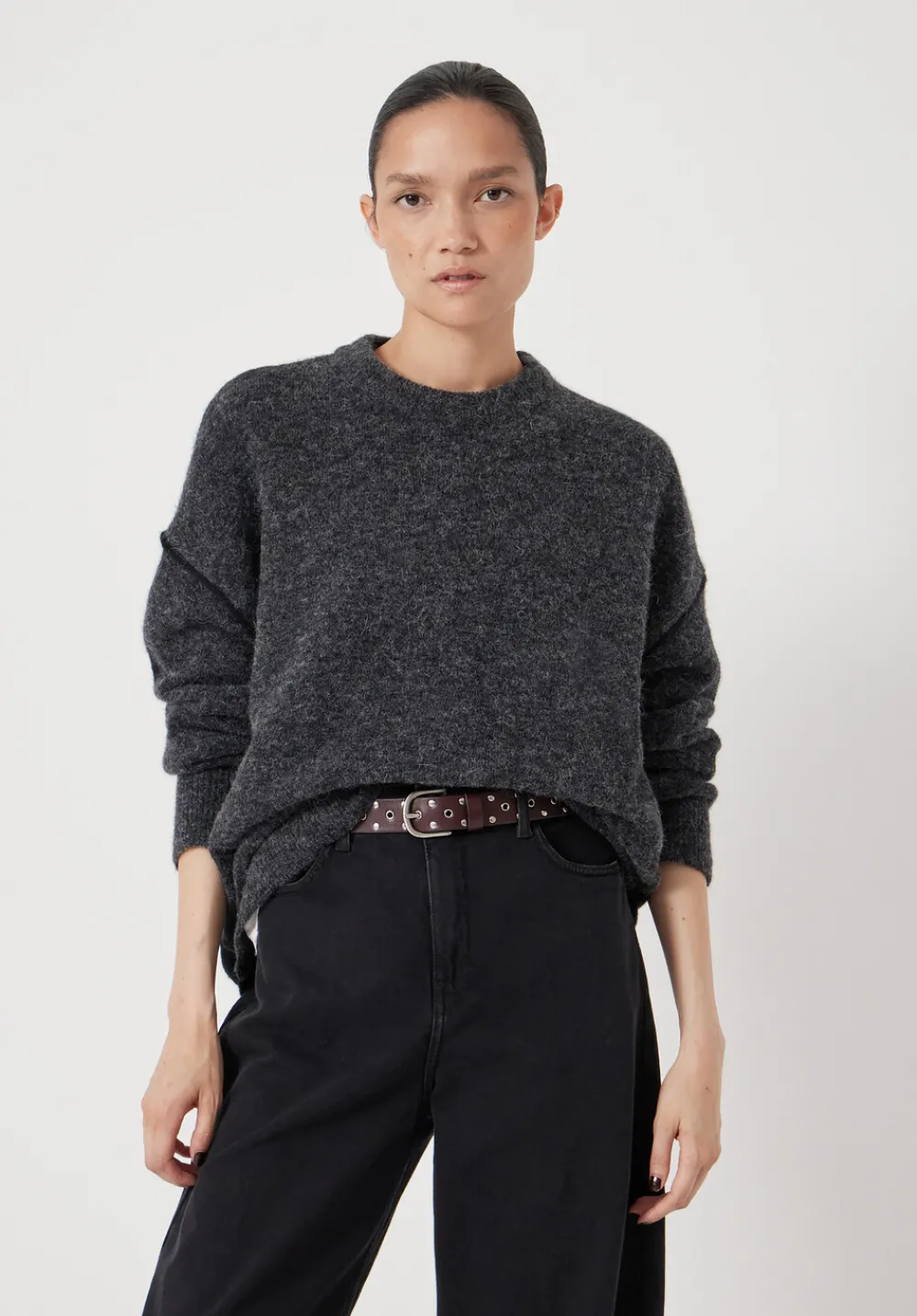 hush Jumpers & Cardigans|Colour Block Wool Blend Crew Jumper Charcoal Marl/ Black