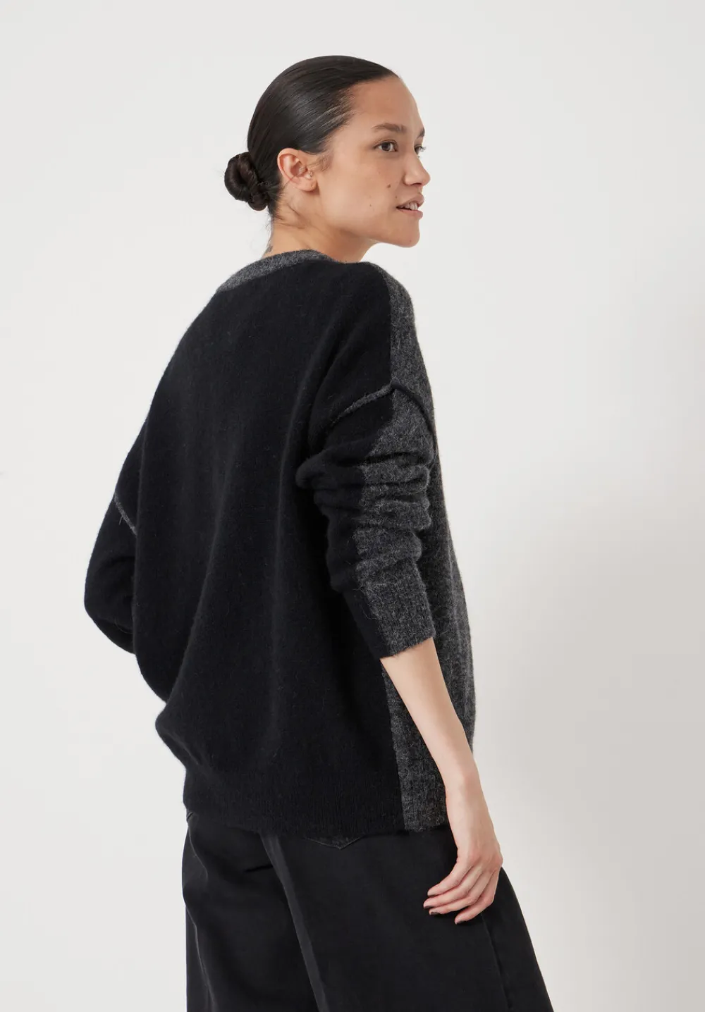 hush Jumpers & Cardigans|Colour Block Wool Blend Crew Jumper Charcoal Marl/ Black
