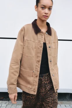 hush Jackets & Coats|Cord Collar Barn Jacket Stone Brown