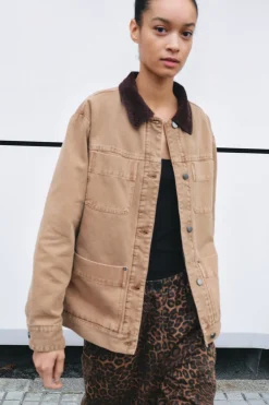 hush Jackets & Coats|Cord Collar Barn Jacket Stone Brown