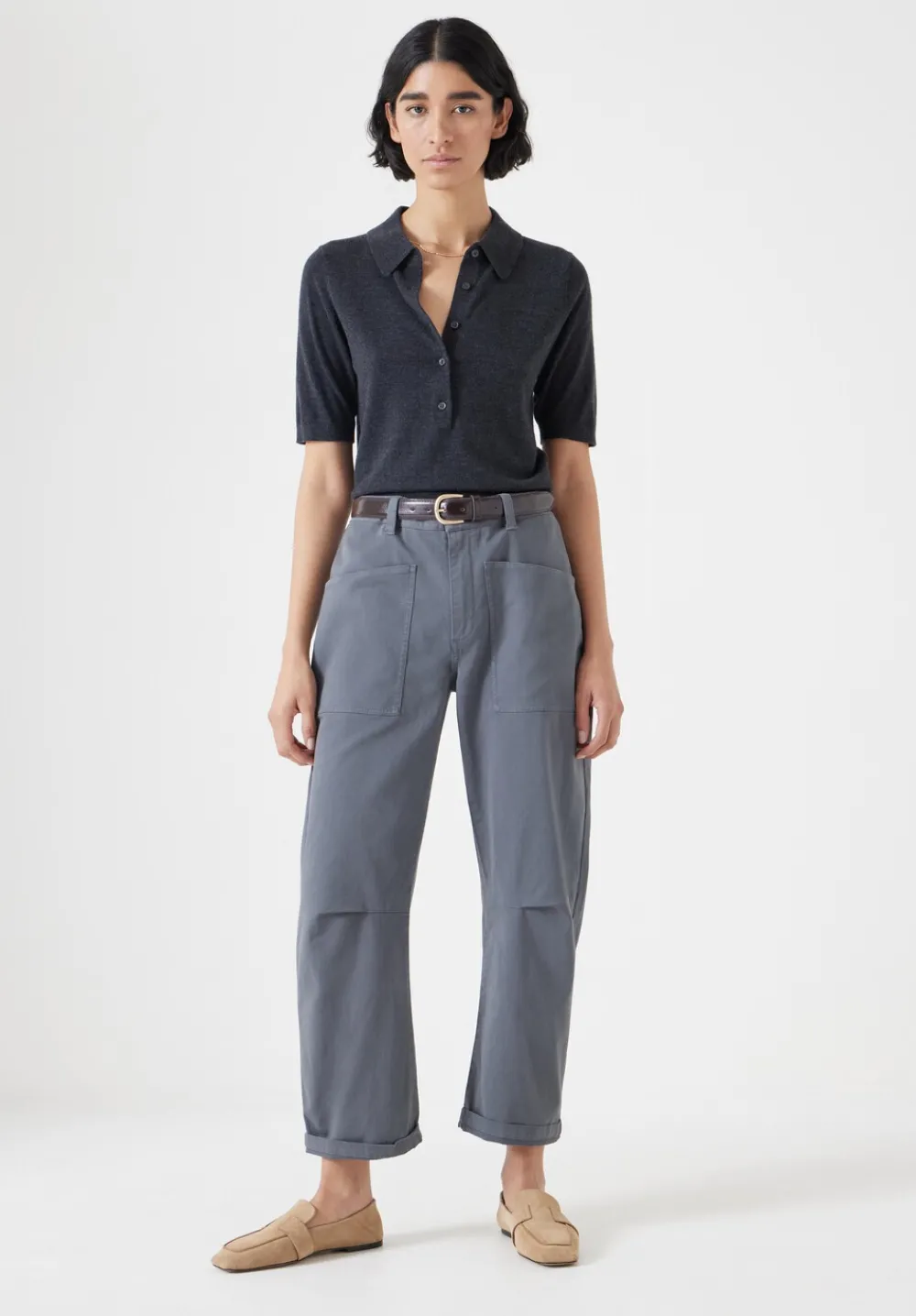 hush Trousers|Cordi Barrel Leg Cotton Trousers Steel Blue