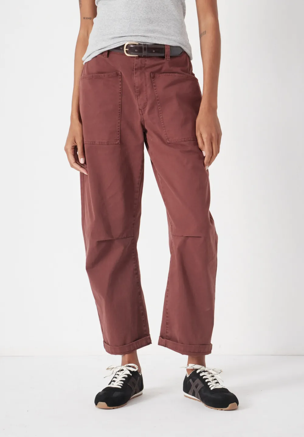hush Trousers|Cordi Barrel Leg Cotton Trousers Burgundy Brown
