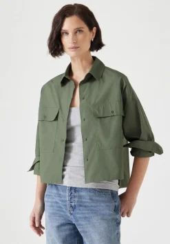 hush Shirts & Blouses|Cotton Oversized Cropped Shacket Khaki Green