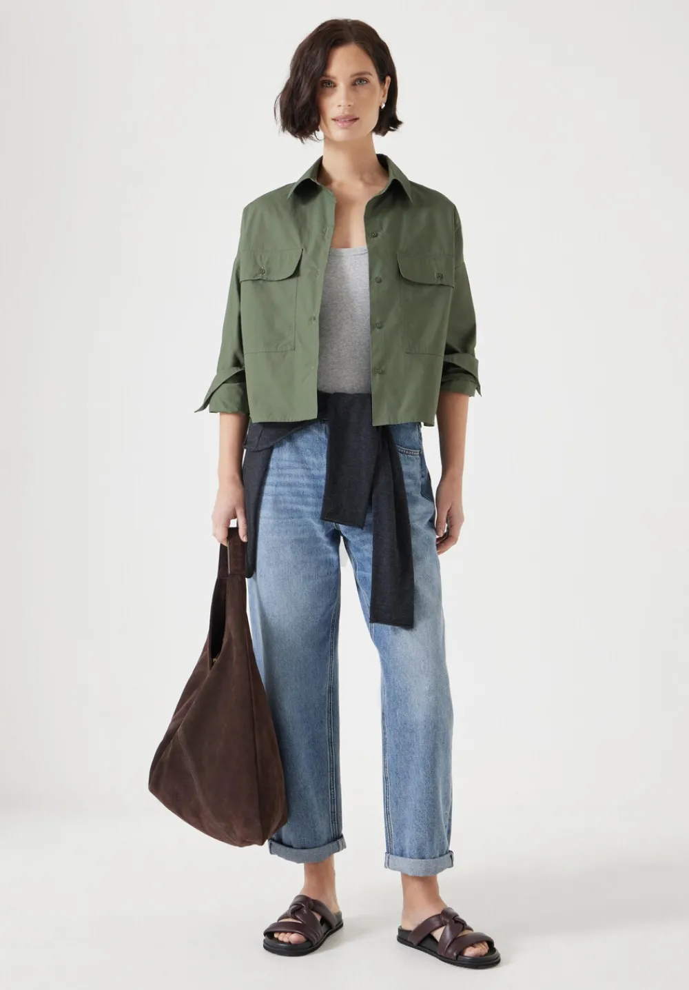 hush Shirts & Blouses|Cotton Oversized Cropped Shacket Khaki Green