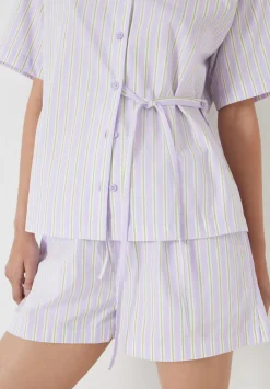 hush Pyjamas & Nightwear|Cotton Poplin Stripe Short Pyjamas Set Lilac Stripe