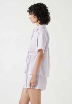 hush Pyjamas & Nightwear|Cotton Poplin Stripe Short Pyjamas Set Lilac Stripe