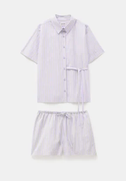hush Pyjamas & Nightwear|Cotton Poplin Stripe Short Pyjamas Set Lilac Stripe