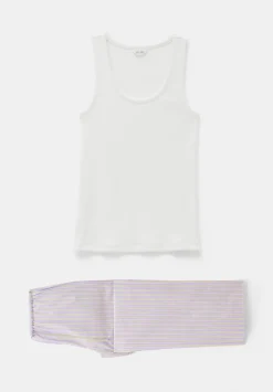 hush Pyjamas & Nightwear|Cotton Poplin Stripe Vest Pyjamas Set Lilac Stripe