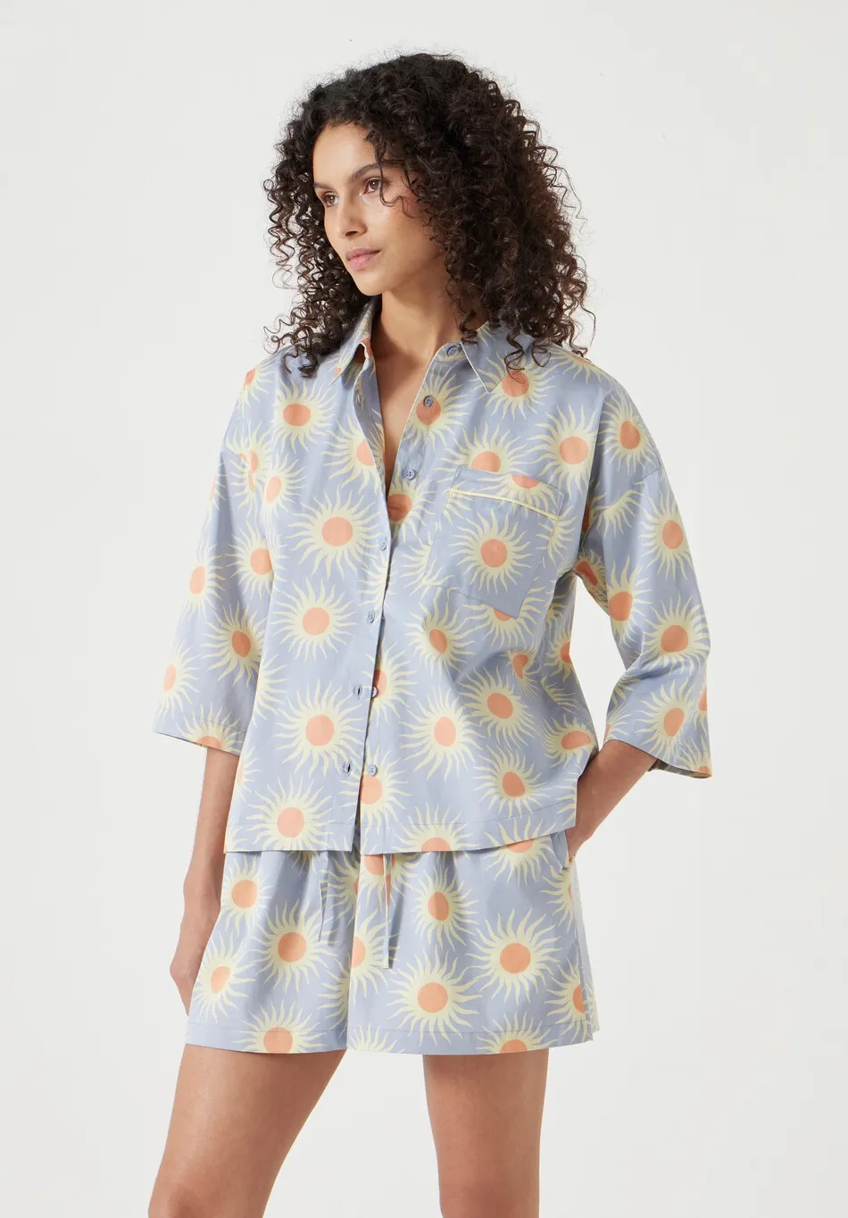 hush Pyjamas & Nightwear|Cotton Sateen Short Pyjamas Set Blue Sun Print