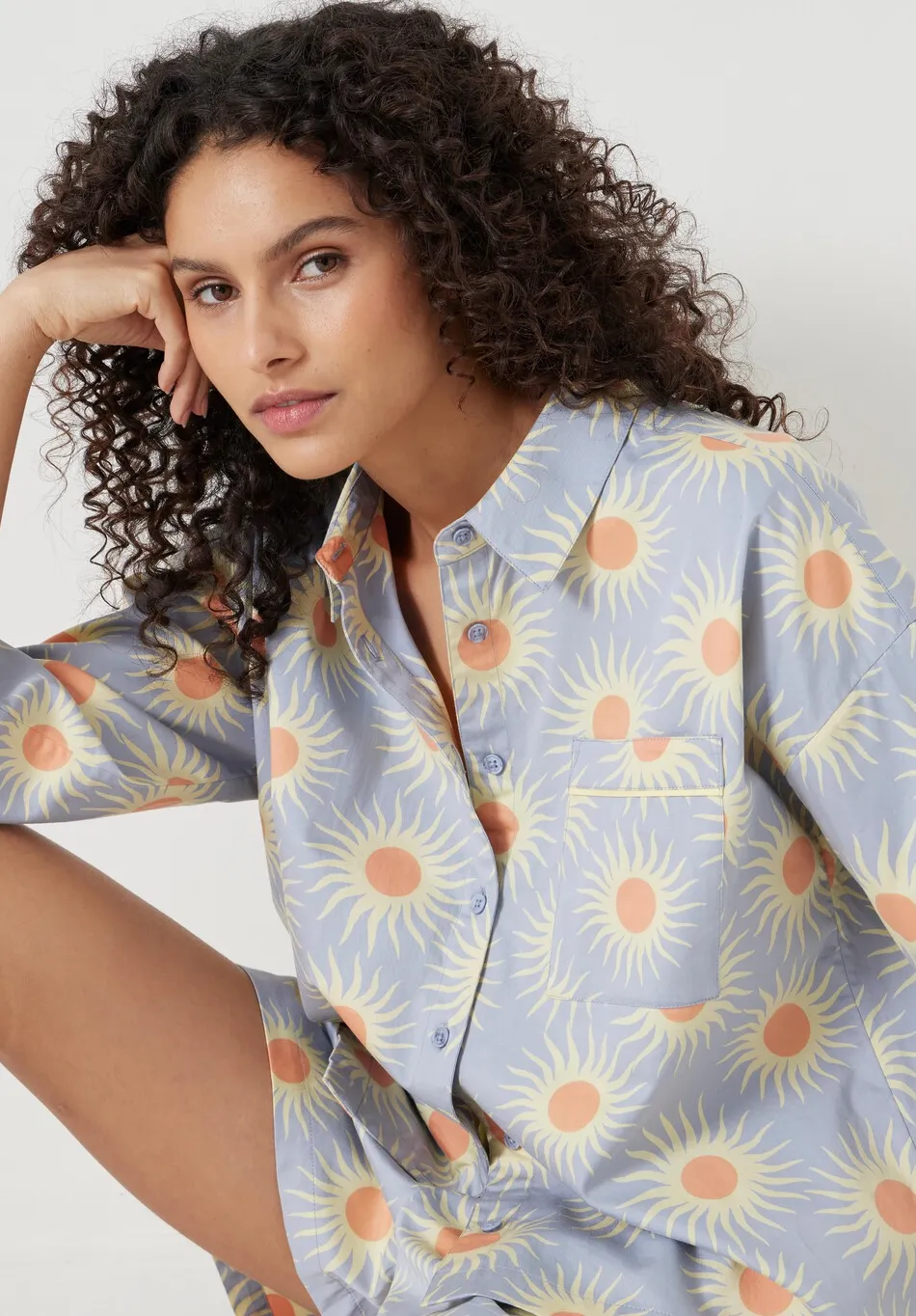 hush Pyjamas & Nightwear|Cotton Sateen Short Pyjamas Set Blue Sun Print