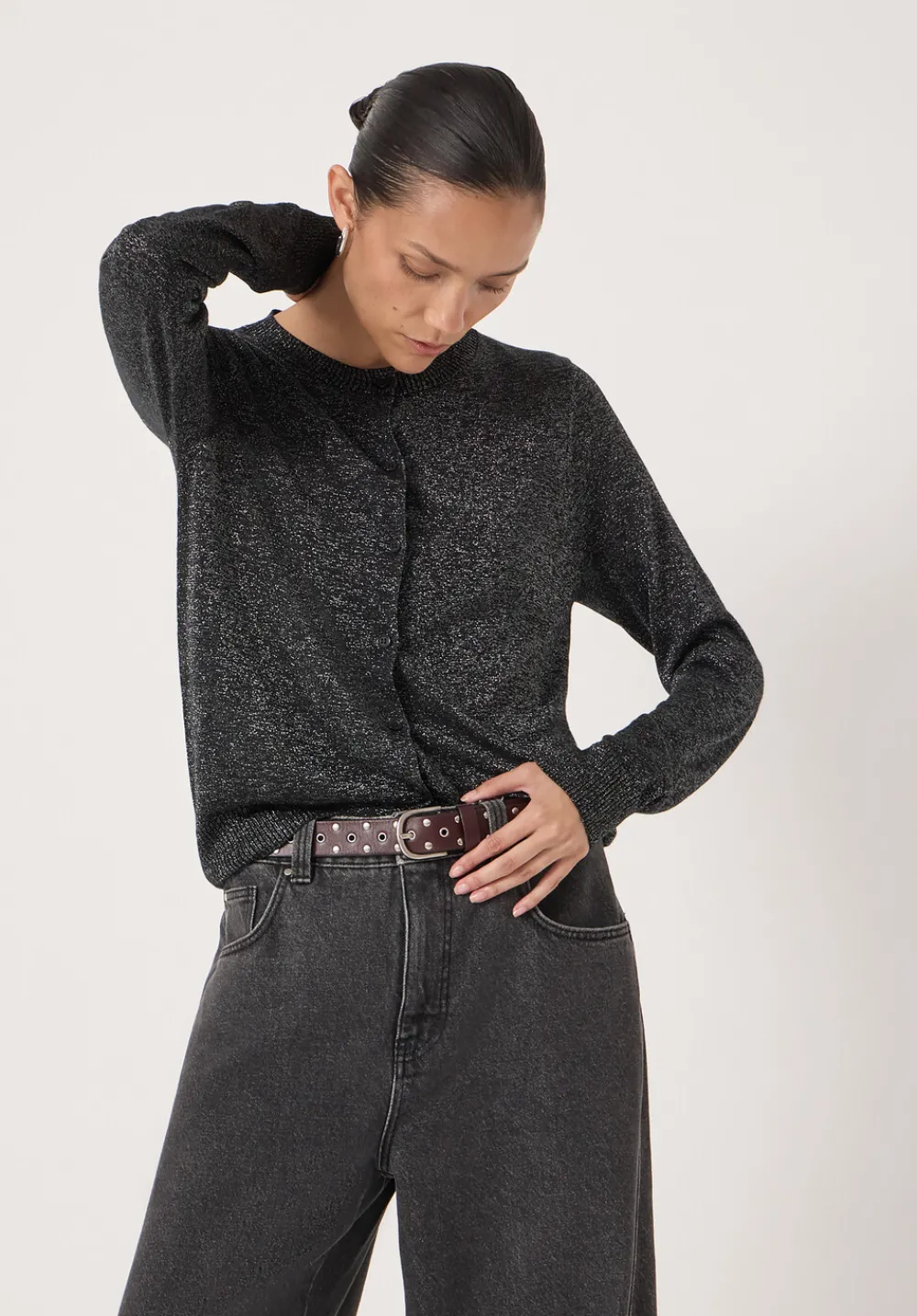 hush Jumpers & Cardigans|Crew Neck Slim Fit Metallic Cardigan Silver Metallic