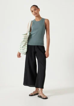 hush Trousers|Crinkle Wide Leg Cropped Trousers Black