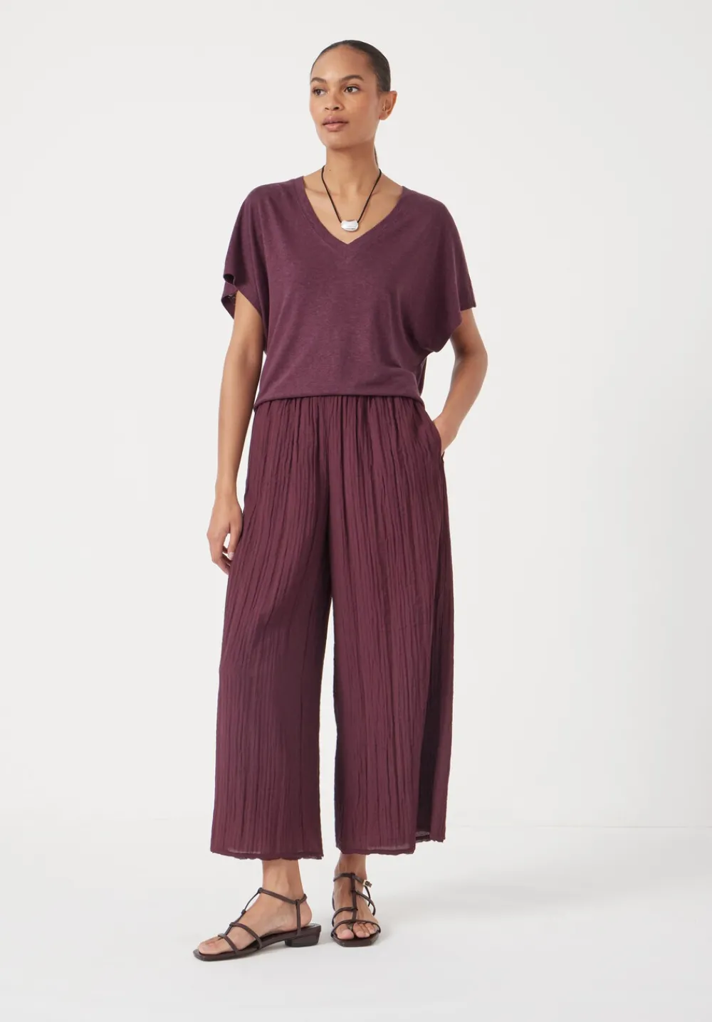 hush Trousers|Crinkle Wide Leg Cropped Trousers Wine Red