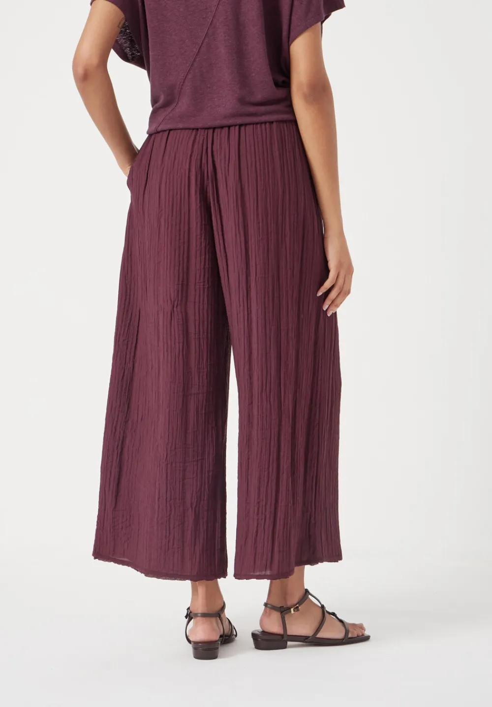 hush Trousers|Crinkle Wide Leg Cropped Trousers Wine Red