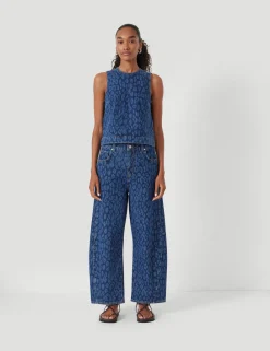hush Jeans|Cropped Bree Horseshoe Barrel Leg Jeans Laser Leopard Print Mid Blue
