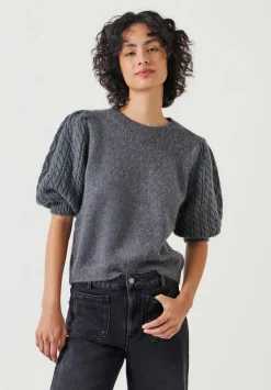 hush Tops & T-Shirts|Demi Puff Cable Sleeve Knitted Top Mid Grey Marl