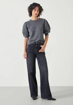 hush Tops & T-Shirts|Demi Puff Cable Sleeve Knitted Top Mid Grey Marl