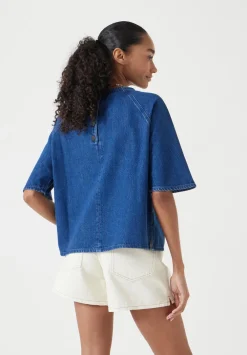 hush Tops & T-Shirts|Denim Raglan Tee Denim Blue