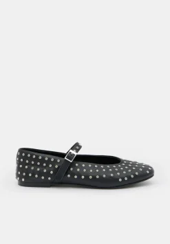 hush Flats|Diamante Studded Leather Mary Jane Flats Black