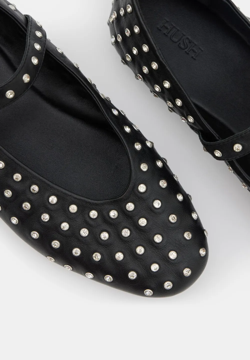 hush Flats|Diamante Studded Leather Mary Jane Flats Black