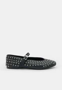 hush Flats|Diamante Studded Leather Mary Jane Flats Black