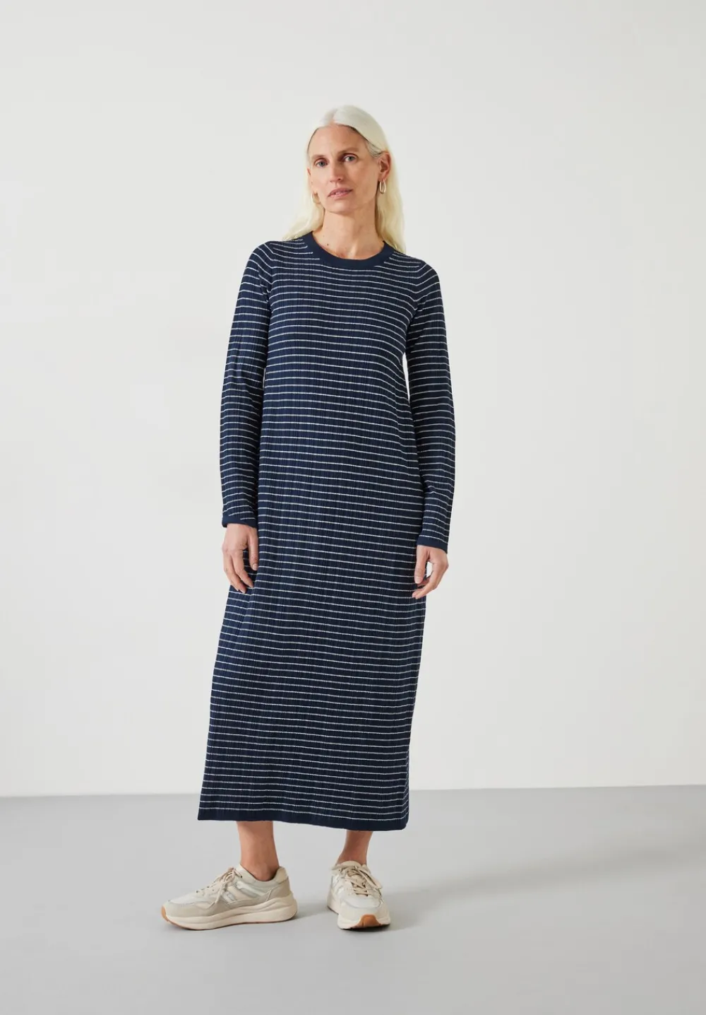 hush Dresses|Dixie Cotton Striped Knitted Dress Midnight Navy / Ecru