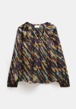 hush Shirts & Blouses|Elise Printed V-Neck Blouse Diagonal Tie Dye Green