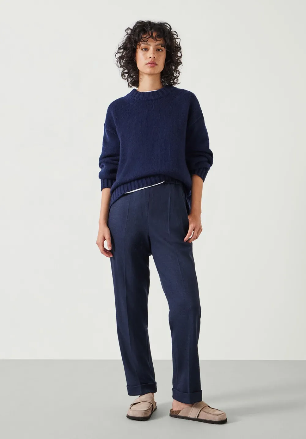 hush Trousers|Eliz Slim Wool Blend Check Trousers Navy