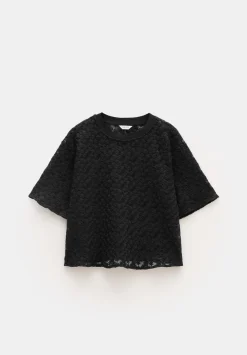 hush Tops & T-Shirts|Embroidered Floral T-Shirt Black
