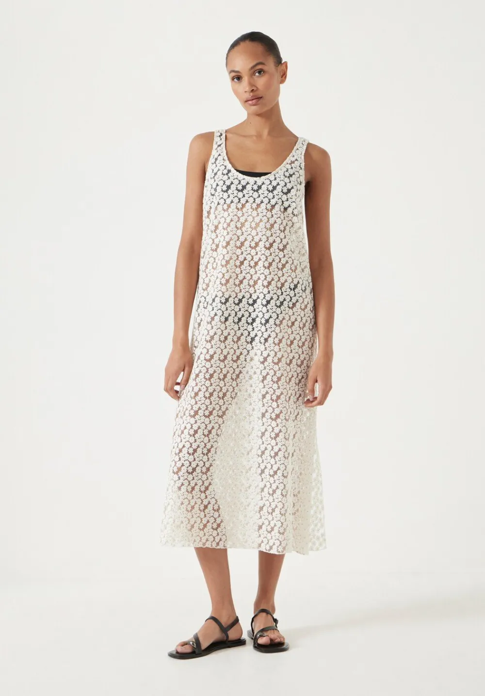 hush Dresses|Embroidered Sleeveless Floral Dress Ecru White