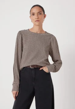 hush Tops & T-Shirts|Emily Gingham Puff Sleeve Top Taupe Brown