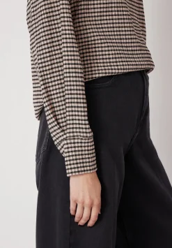 hush Tops & T-Shirts|Emily Gingham Puff Sleeve Top Taupe Brown