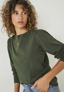 hush Tops & T-Shirts|Emily Puff Sleeve Cotton Jersey Top Khaki Green