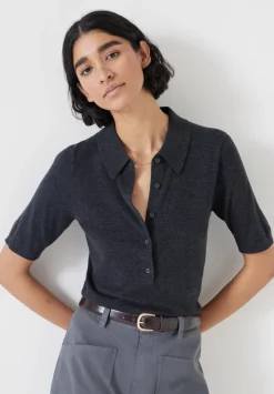 hush Tops & T-Shirts|Jumpers & Cardigans|Fine Knit Short Sleeve Polo Top Charcoal Marl