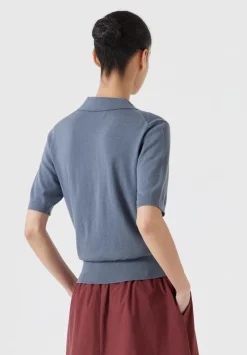 hush Tops & T-Shirts|Jumpers & Cardigans|Fine Knit Short Sleeve Polo Top Stormy Blue