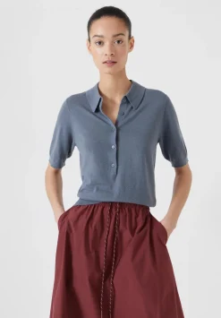 hush Tops & T-Shirts|Jumpers & Cardigans|Fine Knit Short Sleeve Polo Top Stormy Blue