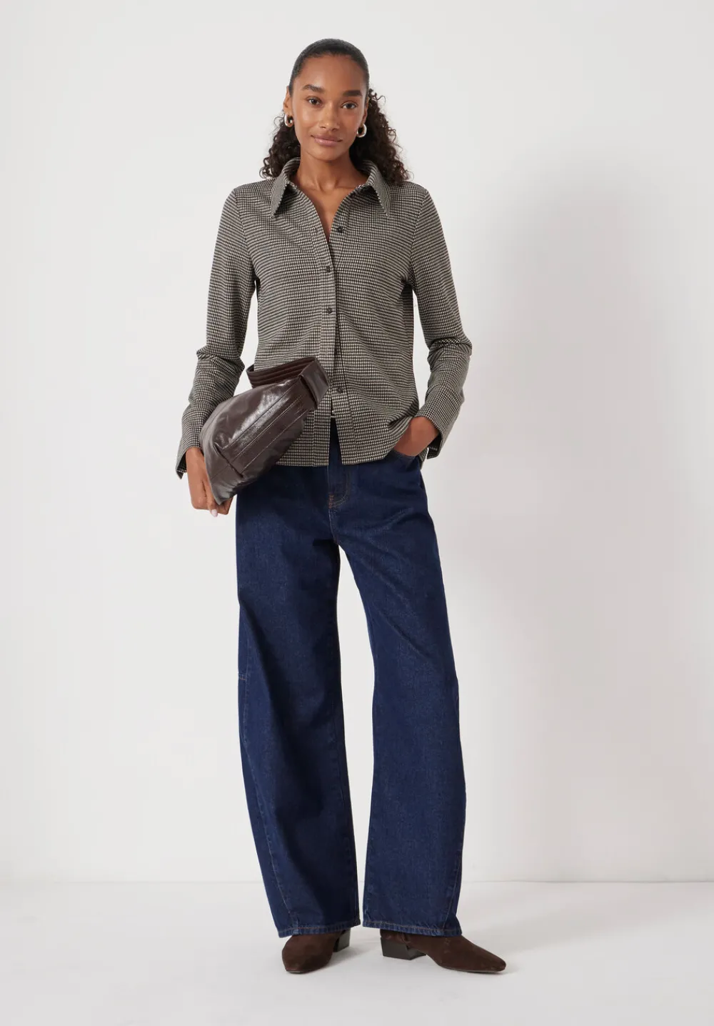 hush Tops & T-Shirts|Fitted Check Jersey Shirt Brown Check