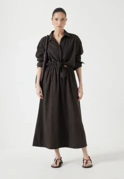 hush Dresses|Front Bow Linen Blend Maxi Shirt Dress Chocolate brown