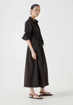 hush Dresses|Front Bow Linen Blend Maxi Shirt Dress Chocolate brown