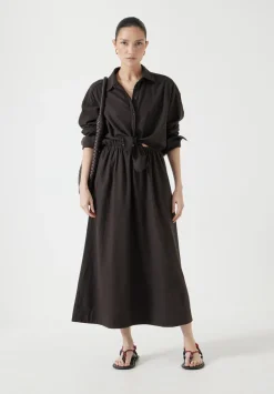 hush Dresses|Front Bow Linen Blend Maxi Shirt Dress Chocolate brown