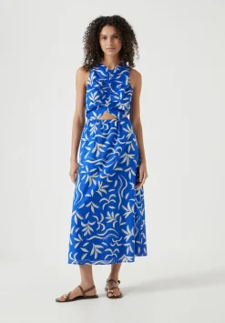 hush Dresses|Front Gathered Cotton Dress Abstract Palm Blue