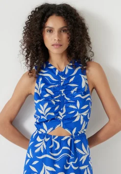 hush Dresses|Front Gathered Cotton Dress Abstract Palm Blue