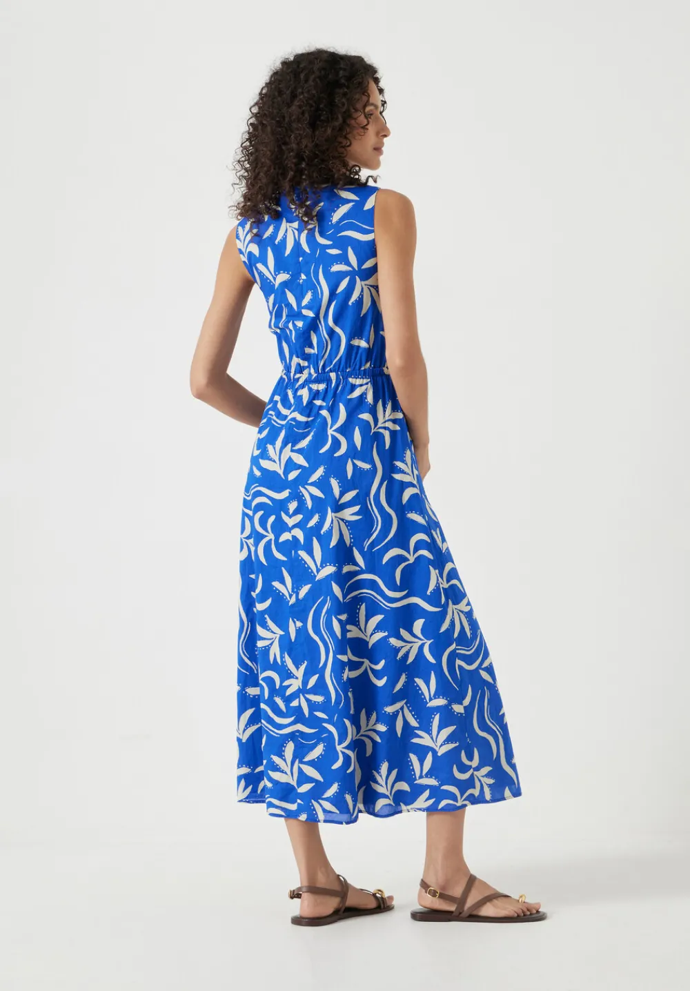 hush Dresses|Front Gathered Cotton Dress Abstract Palm Blue