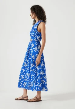 hush Dresses|Front Gathered Cotton Dress Abstract Palm Blue
