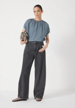hush Tops & T-Shirts|Shirts & Blouses|Gathered Crew Neck Detail Top Stormy Blue
