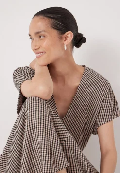 hush Dresses|Grace Jersey Gingham Check V-Neck Maxi Dress Taupe Brown