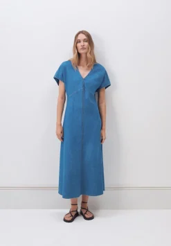 hush Dresses|Grace V Neck Denim Dress Vintage Wash Blue